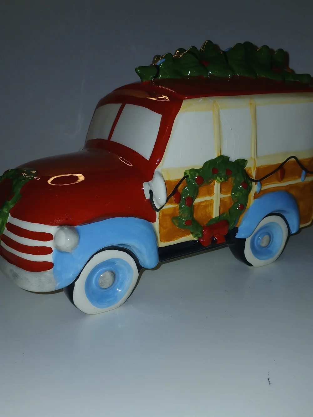 Holiday Time Red and Light Blue Vintage Truck with Green Wreaths